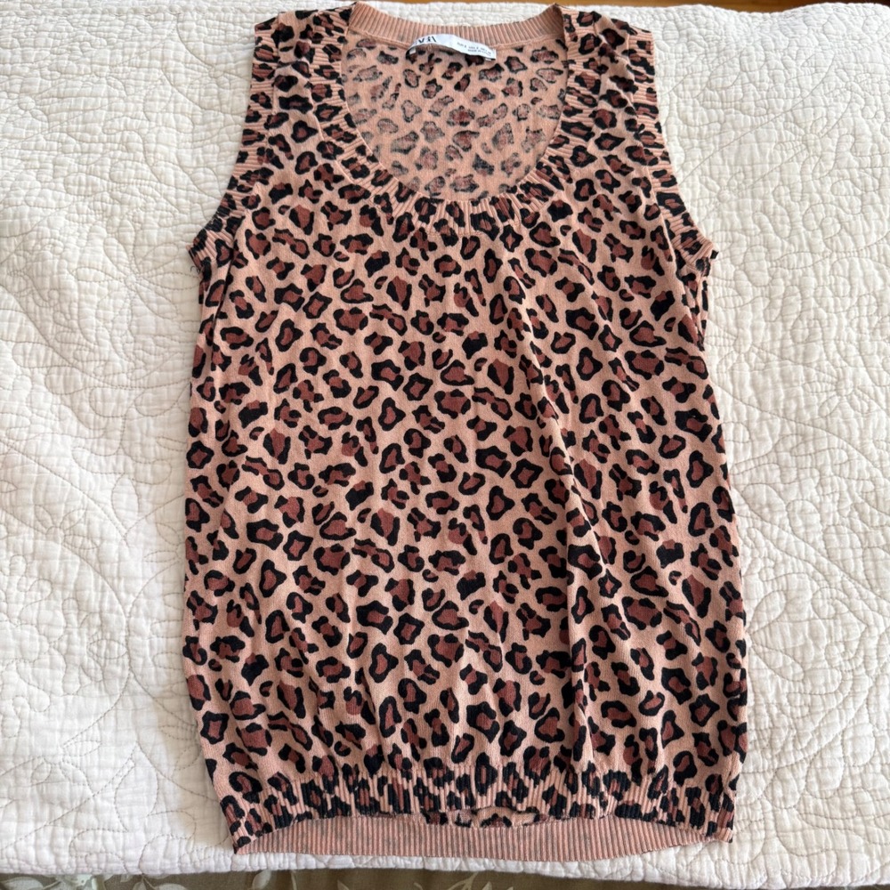 Zara Leopard Print Sleeveless Knit Top Size S Animal Print Y2K Fall Sweater Vest